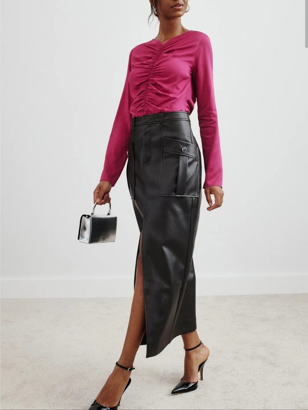 TOCCIN FAUX LEATHER MIDI COLUMN SKIRT SIZE 0 MSRP $495